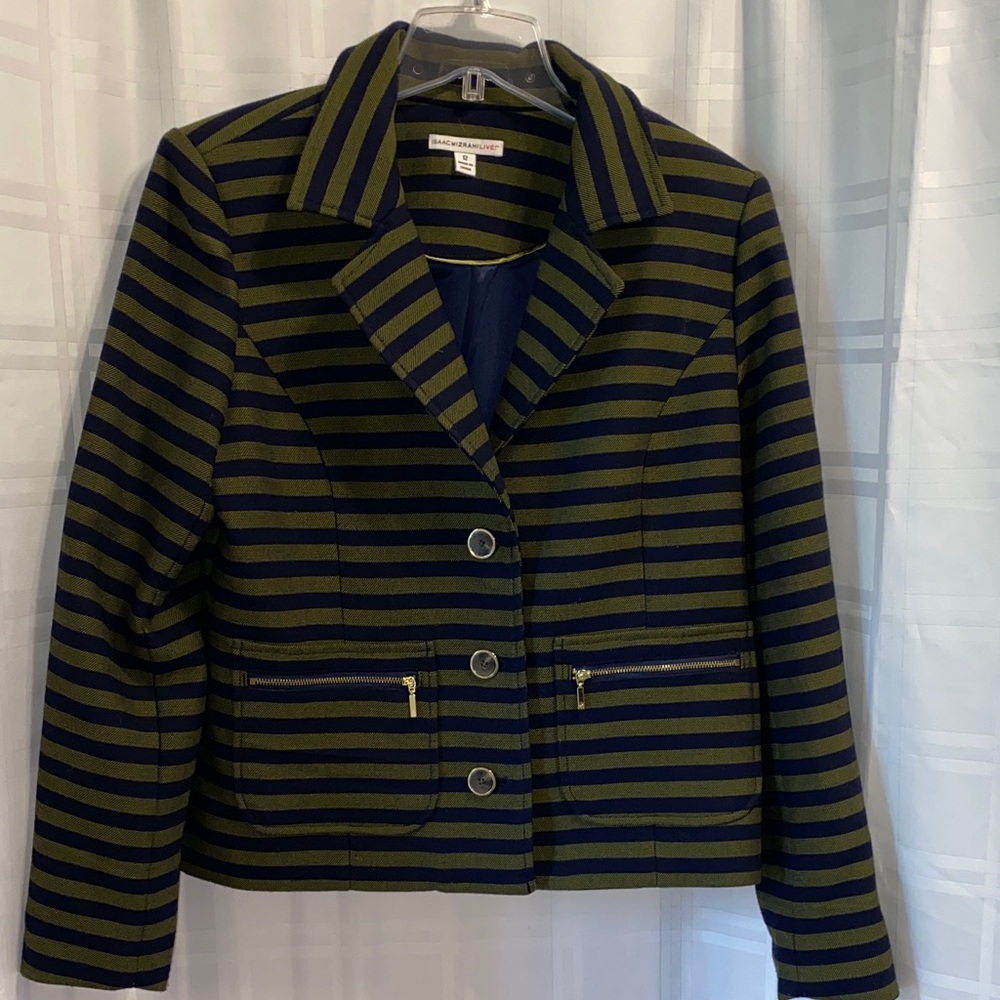 Isaac Mizrahi Striped Navy and Olive Women's Button Up Blazer Jacket 12
